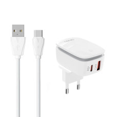 Швидкісний зарядний пристрій LDNIO A2425C з нічником PD 20W, 2 порти (USB-C та USB-A) + кабель Type-C