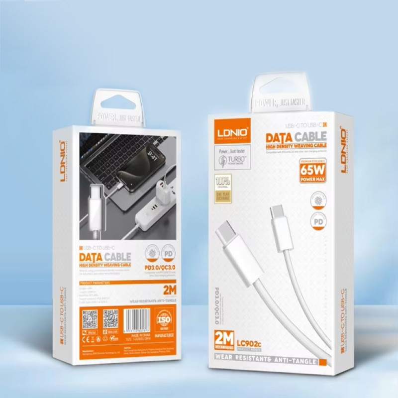 Кабель для швидкої зарядки LDNIO LC902C Type-C to Type-C 65W 2м