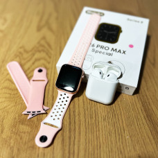 Набір: бездротові навушники + сенсорний годинник (rose gold) + 2 ремінці (рожевий, рожево-білий)